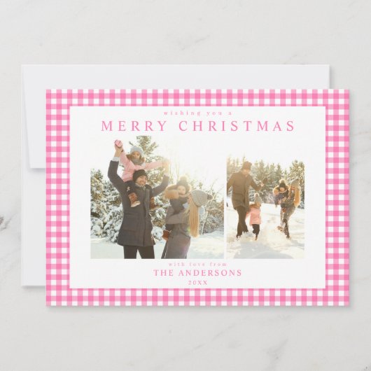 Pink Gingham Plaid Two Photo Feestdagenkaart (Voorkant)