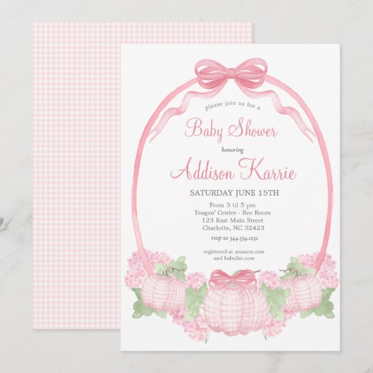 Pink Gingham Pompoen Baby shower Invitation Kaart (Voorkant / Achterkant)