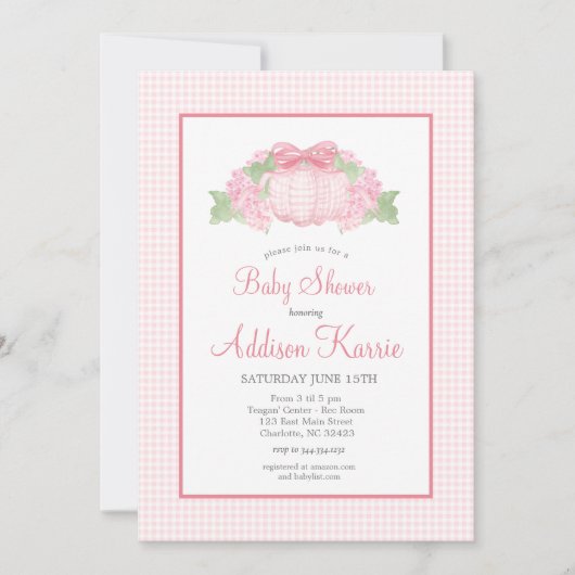 Pink Gingham Pompoen Baby shower Invitation Kaart (Voorkant)