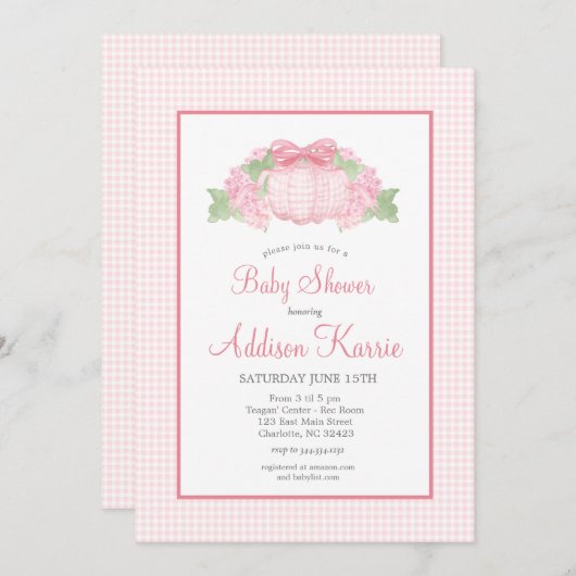 Pink Gingham Pompoen Baby shower Invitation Kaart (Voorkant / Achterkant)