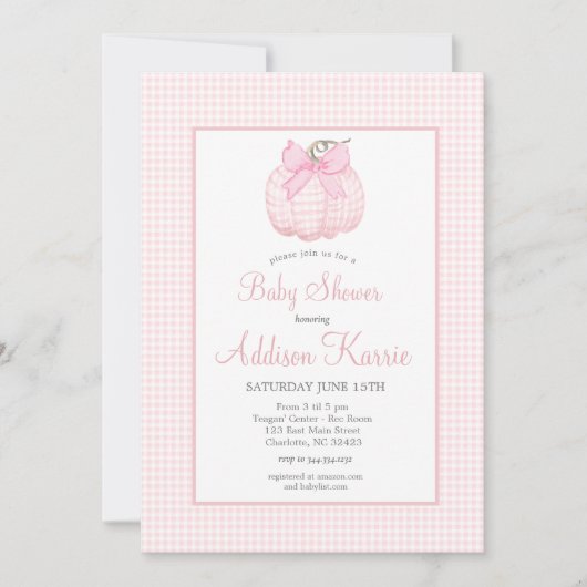 Pink Gingham Pompoen Baby shower Invitation Kaart (Voorkant)
