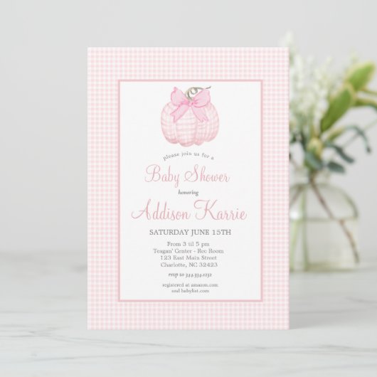 Pink Gingham Pompoen Baby shower Invitation Kaart (Staand voorkant)