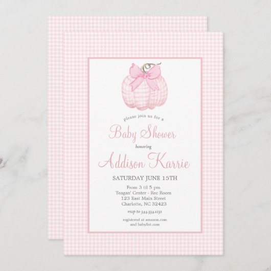 Pink Gingham Pompoen Baby shower Invitation Kaart (Voorkant / Achterkant)