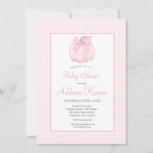 Pink Gingham Pompoen Baby shower Invitation Kaart