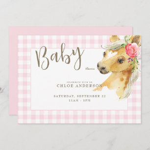Pink Gingham Pony-Baby shower Kaart