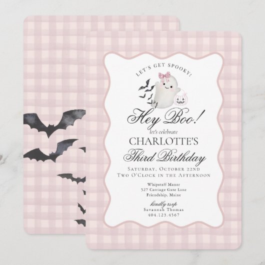 Pink Gingham Preppy Ghost Hey Boo Birthday Kaart (Voorkant / Achterkant)