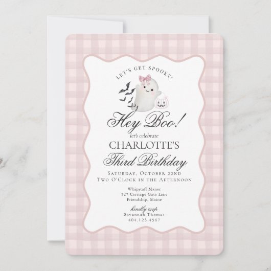Pink Gingham Preppy Ghost Hey Boo Birthday Kaart (Voorkant)
