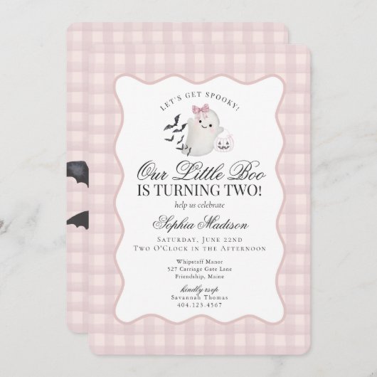 Pink Gingham Preppy Ghost Little Boo 2e verjaardag Kaart (Voorkant / Achterkant)