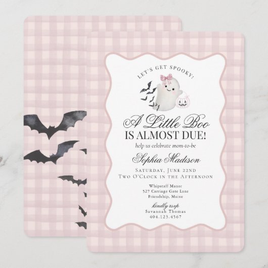 Pink Gingham Preppy Ghost Little Boo Baby shower Kaart (Voorkant / Achterkant)