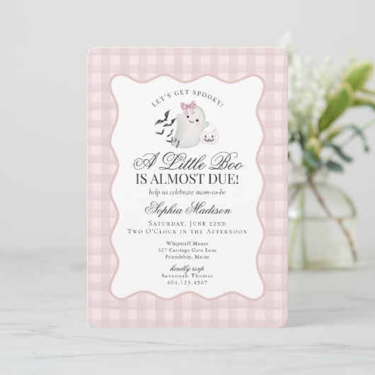 Pink Gingham Preppy Ghost Little Boo Baby shower Kaart (Staand voorkant)