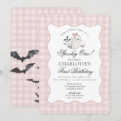 Pink Gingham Preppy Ghost Spooky Een 1e Verjaardag Kaart (Voorkant / Achterkant)