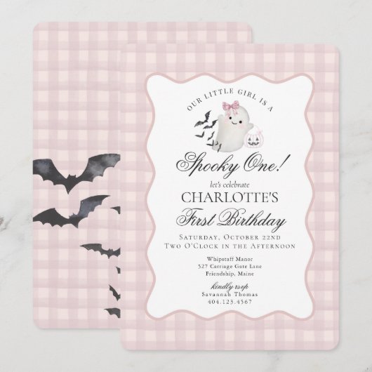 Pink Gingham Preppy Ghost Spooky Een 1e Verjaardag Kaart (Voorkant / Achterkant)