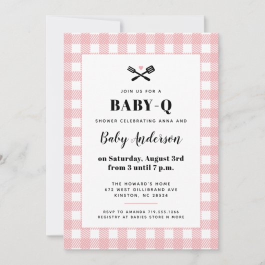 Pink Gingham Pset Baby shower BBQ Kaart (Voorkant)