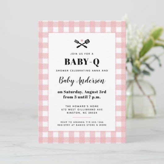 Pink Gingham Pset Baby shower BBQ Kaart (Staand voorkant)