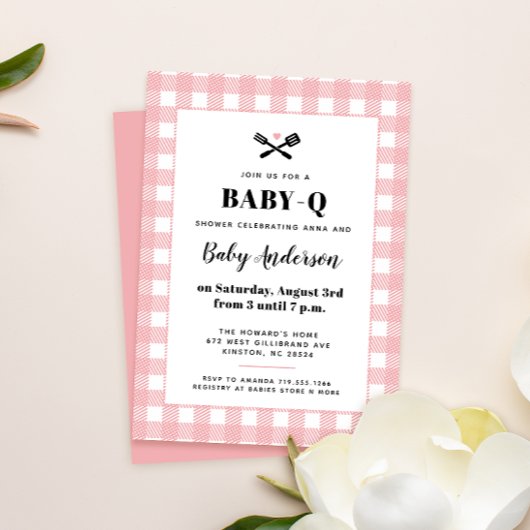 Pink Gingham Pset Baby shower BBQ Kaart
