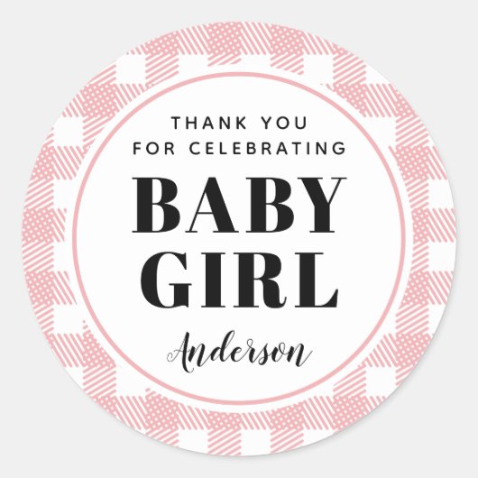 Pink Gingham Pset Dank je Baby Girl Ronde Sticker (Voorkant)