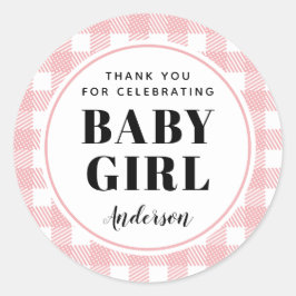 Pink Gingham Pset Dank je Baby Girl Ronde Sticker