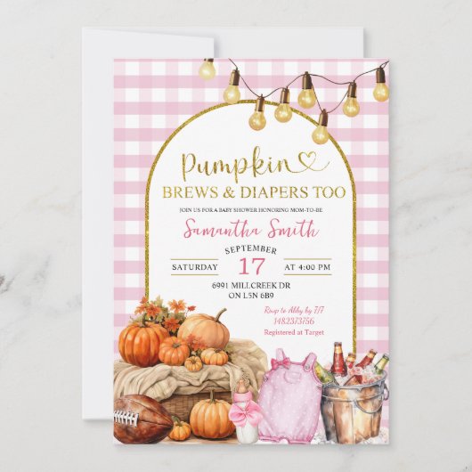 Pink Gingham Pumpkin Brews & Luiers Baby shower Kaart (Voorkant)