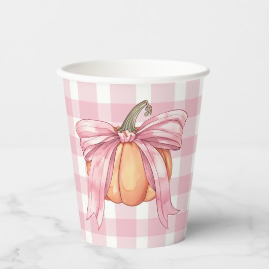 Pink Gingham Pumpkin gebonden met een boog Papieren Bekers (Voorkant)