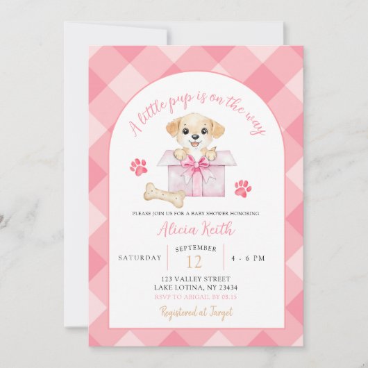 Pink Gingham Puppy Baby Shower Kaart (Voorkant)