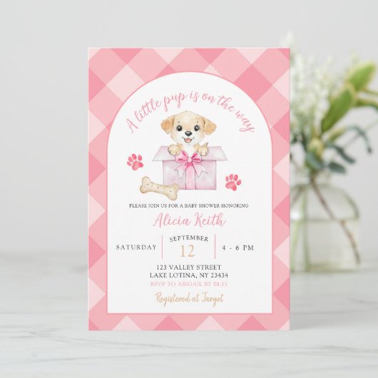 Pink Gingham Puppy Baby Shower Kaart (Staand voorkant)