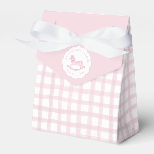 Pink Gingham Rocking Horse Baby Favorietas Bedankdoosjes (Voorkant Zijde)