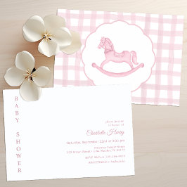 Pink Gingham Rocking Horse Baby shower Uitnodiging