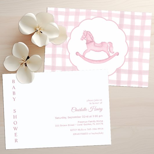 Pink Gingham Rocking Horse Baby shower Uitnodiging