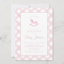 Pink Gingham Rocking Horse Girl Baby shower Uitnod Kaart