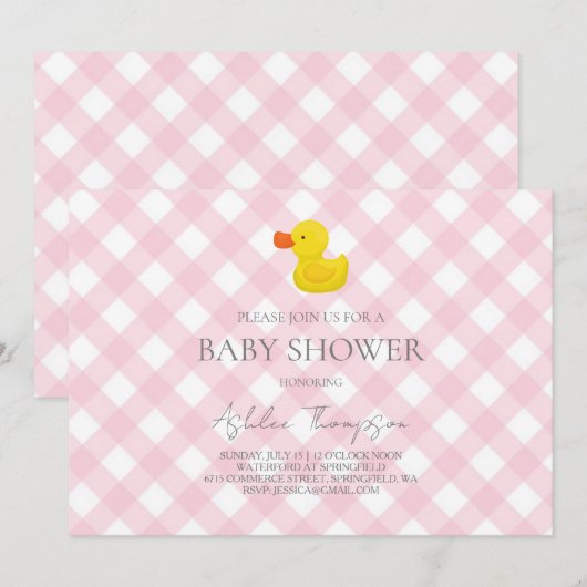 Pink Gingham Rubber Duckie Baby Shower Kaart (Voorkant / Achterkant)