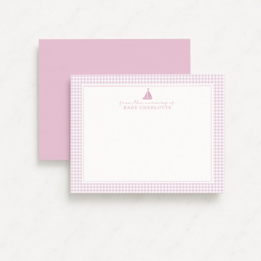 Pink Gingham Sailboat Nursery Note Card Aankondiging