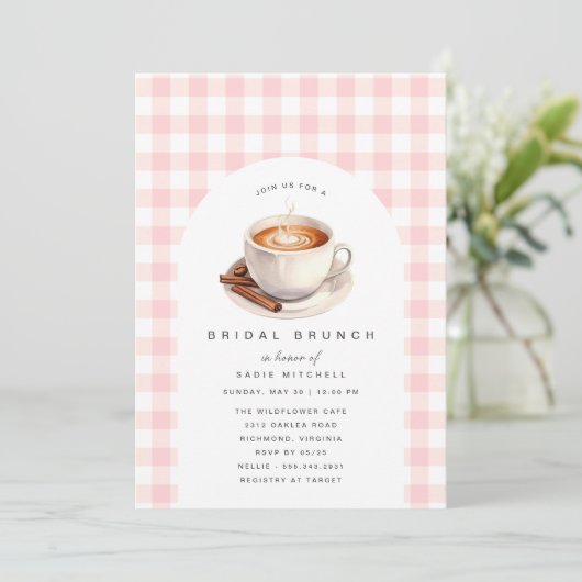 Pink Gingham | Schattigee koffie Vrijgezellenfeest Kaart (Staand voorkant)