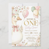 Pink Gingham Silly Goose 1st Birthday Invitation Kaart (Voorkant)