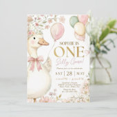 Pink Gingham Silly Goose 1st Birthday Invitation Kaart (Staand voorkant)