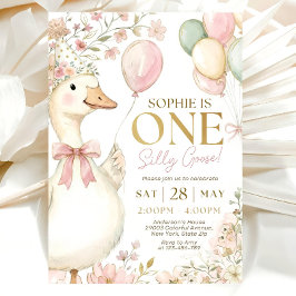 Pink Gingham Silly Goose 1st Birthday Invitation  Kaart