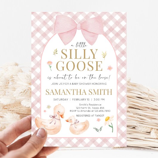 Pink Gingham Silly Goose Baby Shower Kaart