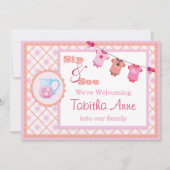 Pink Gingham Sip and See Bunting Baby Invitation Kaart (Voorkant)