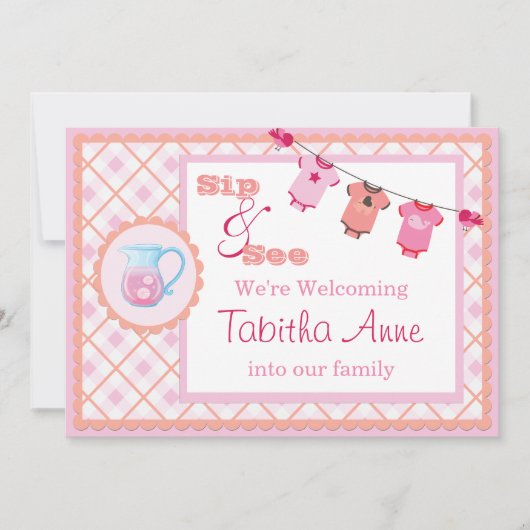 Pink Gingham Sip and See Bunting Baby Invitation Kaart (Voorkant)