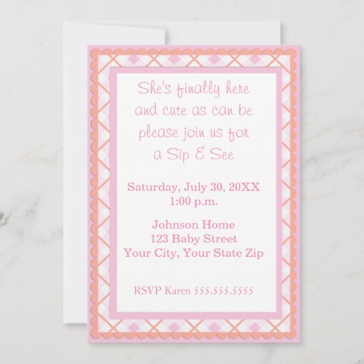Pink Gingham Sip and See Bunting Baby Invitation Kaart (Achterkant)