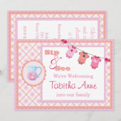 Pink Gingham Sip and See Bunting Baby Invitation Kaart (Voorkant / Achterkant)