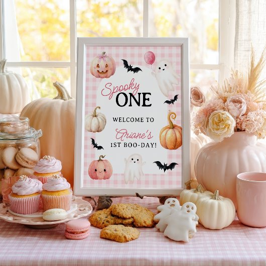 Pink Gingham Spooky One First Birthday Welcome Poster