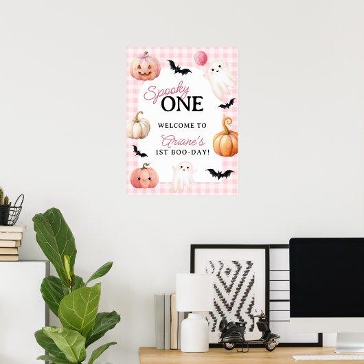 Pink Gingham Spooky One First Birthday Welcome Poster (Thuiskantoor)