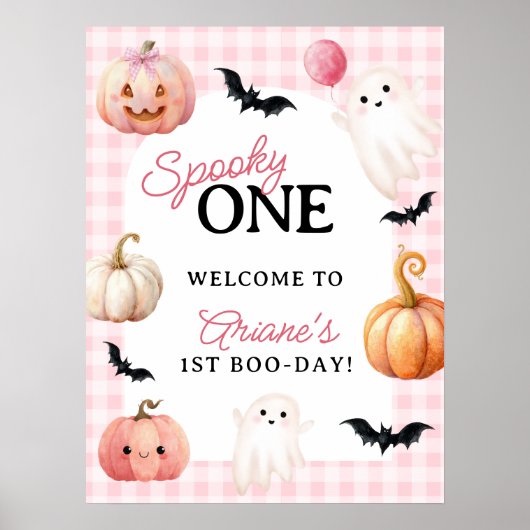 Pink Gingham Spooky One First Birthday Welcome Poster (Voorkant)