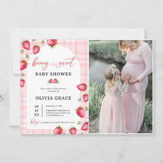 Pink Gingham Strawberry Baby shower Party Foto Kaart