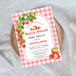 Pink Gingham Strawberry Baby shower Party Kaart