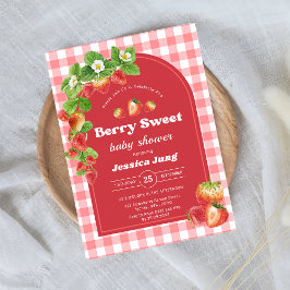 Pink Gingham Strawberry Baby shower Party Kaart