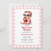 Pink Gingham & Strawberry Berry 1e verjaardagsfees Kaart (Voorkant)