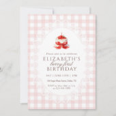 Pink Gingham Strawberry Berry 1st Photo Birthday Kaart (Voorkant)