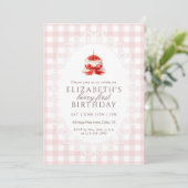 Pink Gingham Strawberry Berry 1st Photo Birthday Kaart (Staand voorkant)