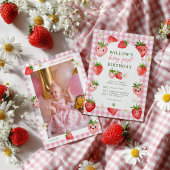 Pink Gingham Strawberry Berry eerste verjaardag Kaart